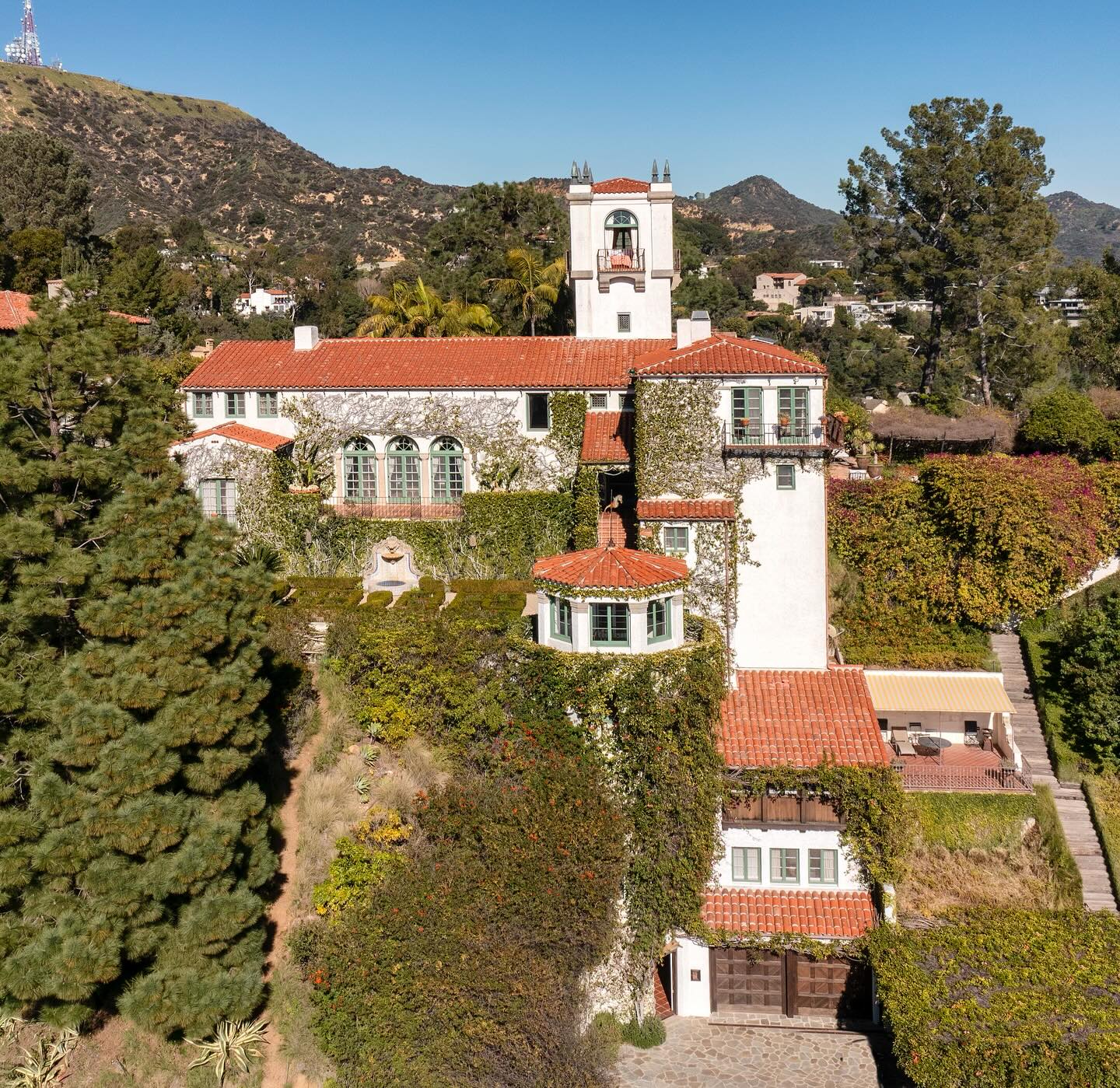 Aerial view of a historic hillside residence in the Hollywood Hills